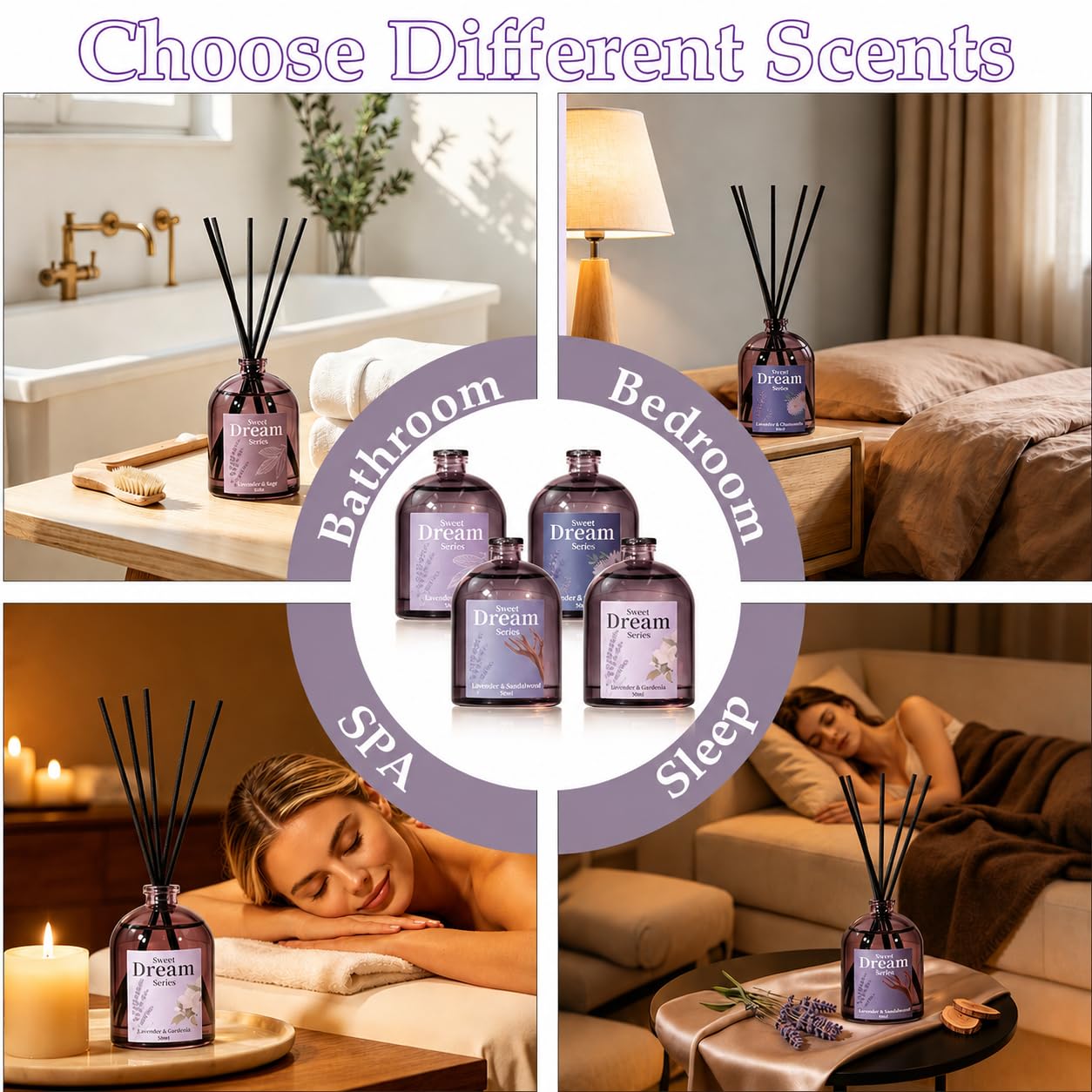 STRN Reed Diffuser Sets, Lavender Scented Oil Diffuser, Fragrance Reed Diffuser with 24 Sticks, 6.8 Fl.oz (200ml), 4 Scents Long-Lasting Air Freshener for Bedroom Bathroom Home Décor（50ml*4）