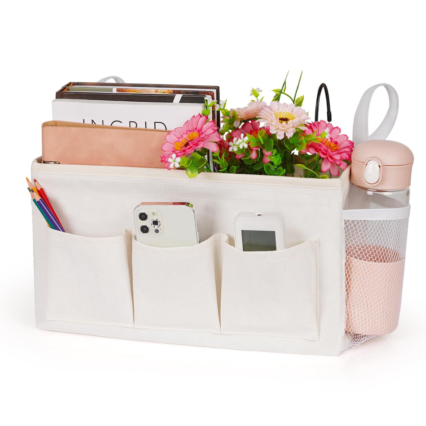 Lilithye Bedside Caddy Storage Organizer with Fixed Straps and Water Bottle Holder for Home, College, Dorm, Bunk/Hospital/Crib Bed Rails, White