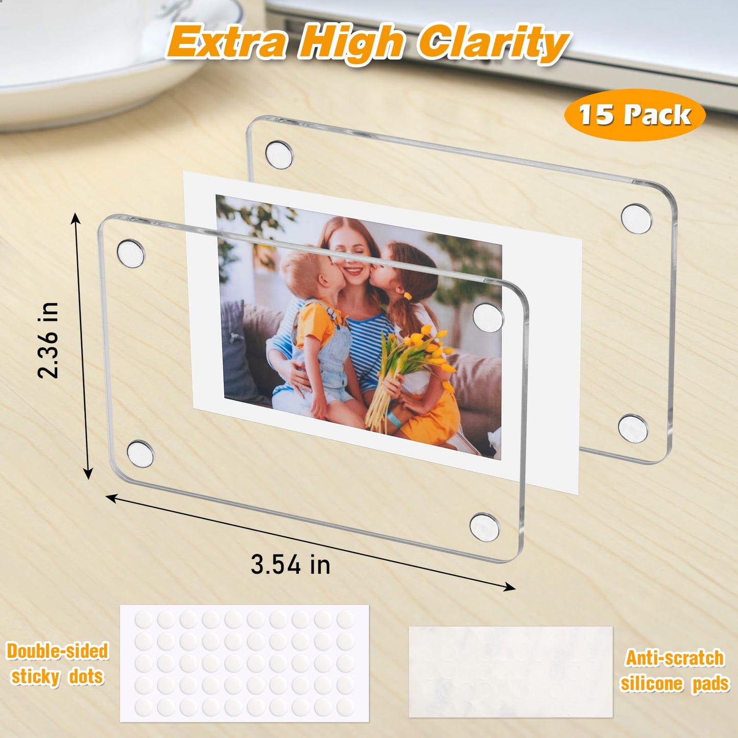SUNEZLGO 15 Pack Acrylic Fridge Magnetic Frame for Polaroid, 2.36x3.54 In Mini Picture Frames for Fujifilm Instax Mini, Double Sided Photo Refrigerator Magnet Picture Frame Clear Picture Display Frame