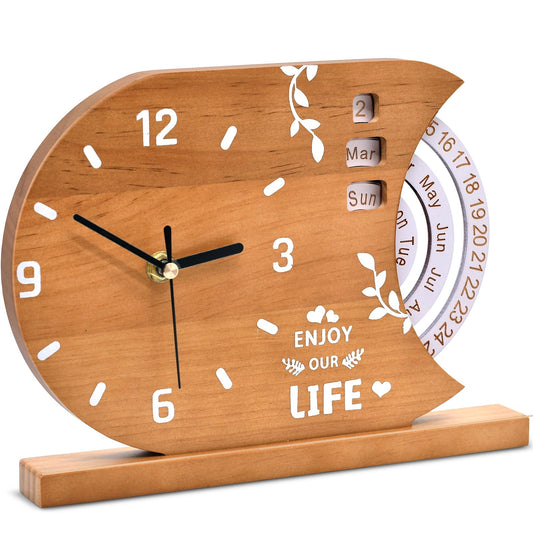 Oxmidud 2-in-1 Natural Wood Desk Clock & Calendar - Battery Operated Silent Non-Ticking Analog Table Clocks Perpetual Calendar for Office, Bedroom, Study, Bedside - Vintage Home Shelf Desktop Decor