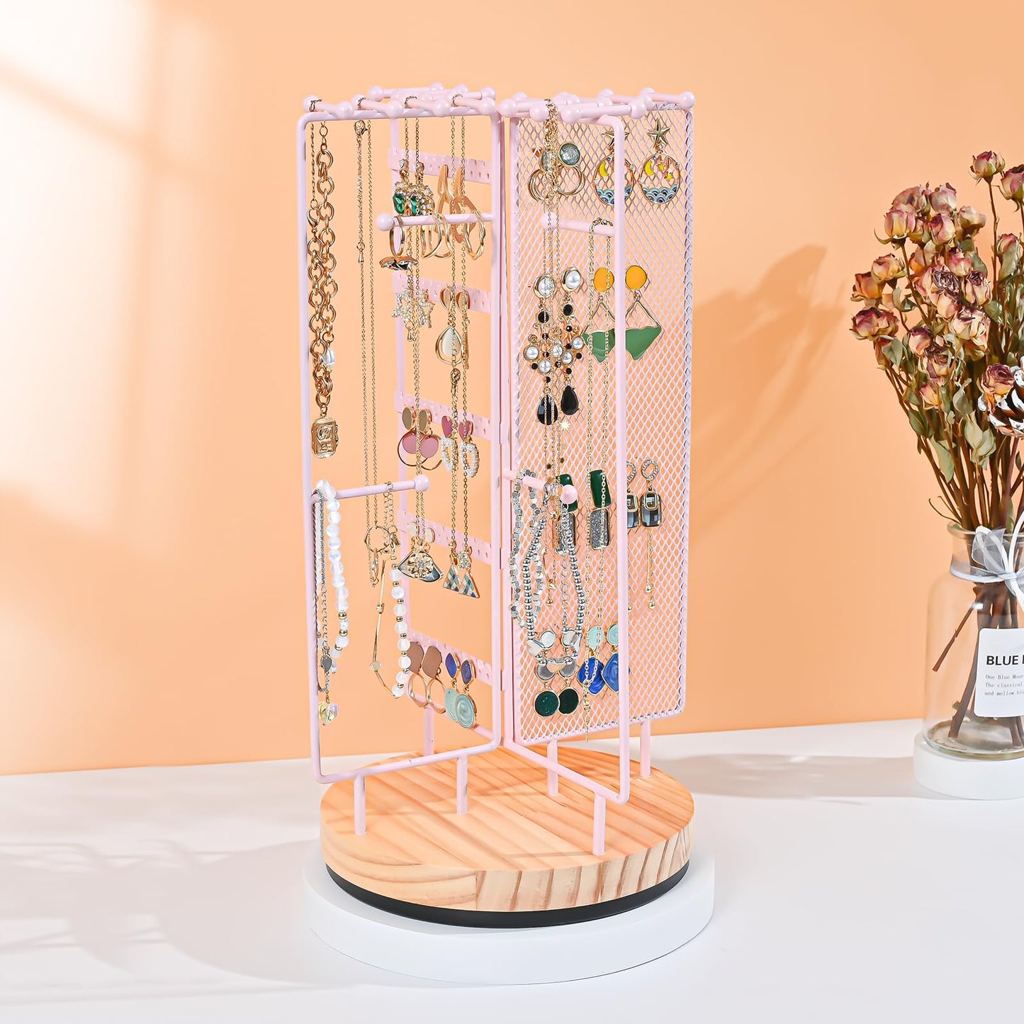 ProCase Rotating Jewelry Organizer Stand Earring Holder Organizer with 28 Necklace Hooks, Jewelry Tree Earring Stand Tower Storage Rack Bracelet Holder, Holds More than 100 Pairs Earrings -Pink