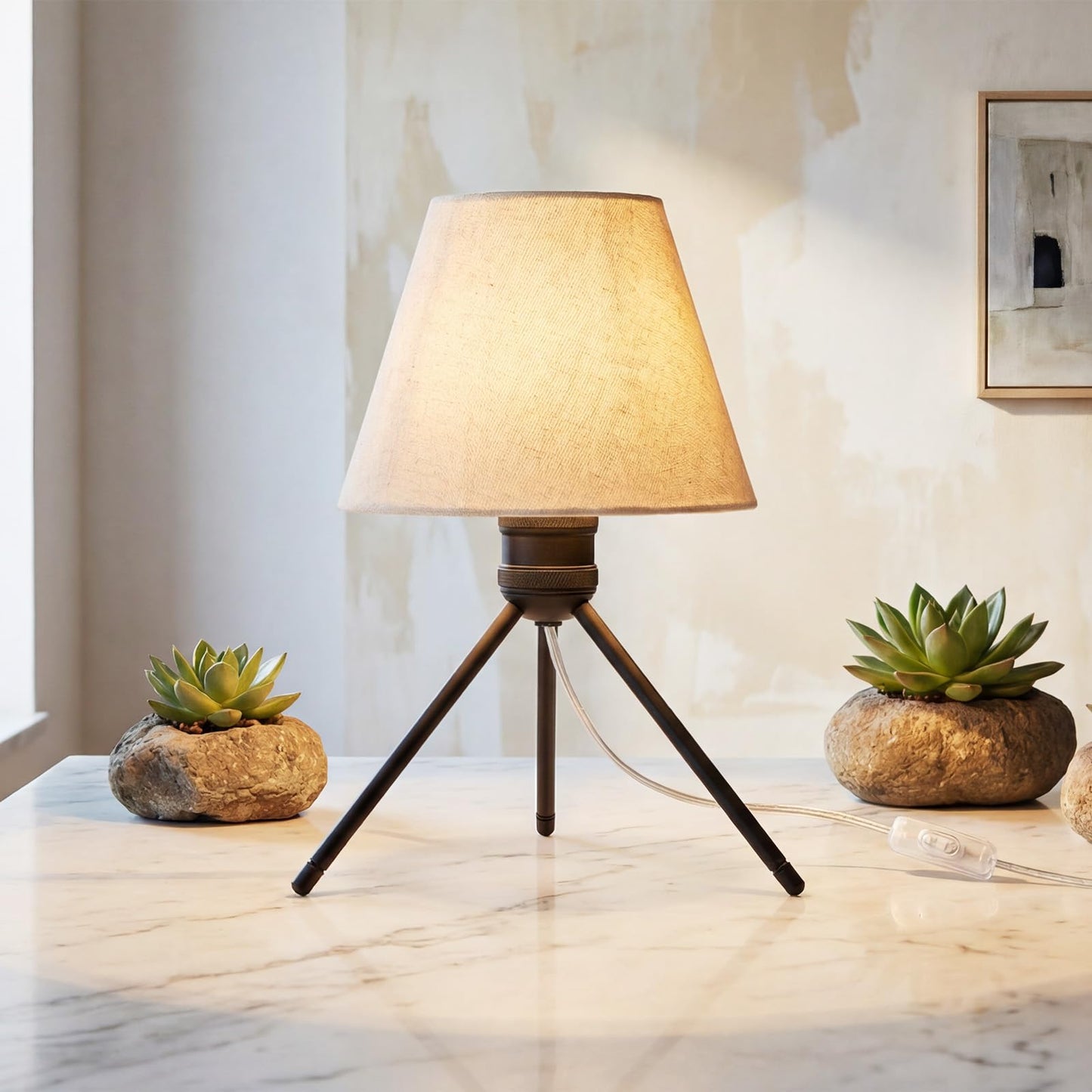 PSDSSHIIS Modern Table Lamp Small Bedside Lamp Metal Linen 13.8 Inches, Soft Light (3000K), Simple Style Design, Button Switch, Suitable for Nightstand Bedroom Lamp, Study and Dormitory (Sand Black)