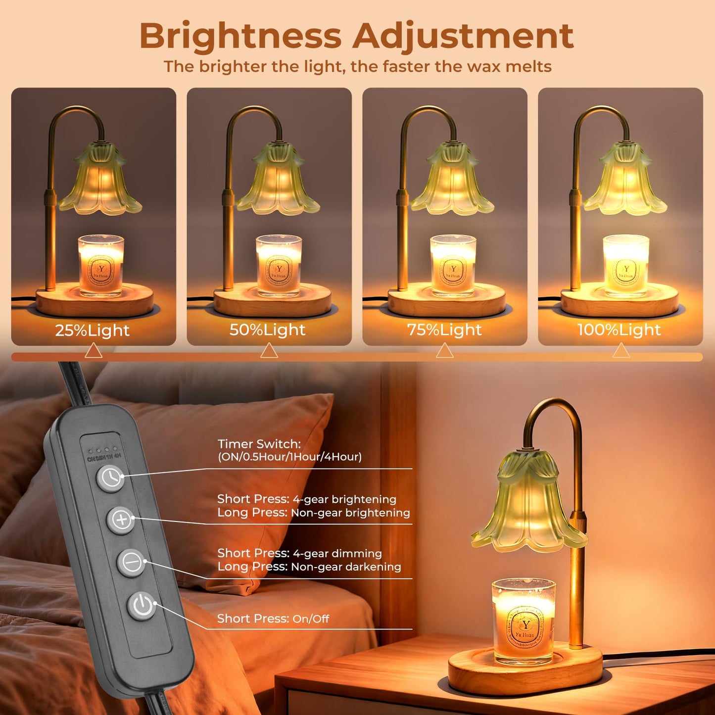 Lsctiff Candle Warmer Lamp with Timer Dimmable, Wax Melt Warmer Adjustable Height, Flower Warmer Lamp with 2 Bulbs for Jar Candles, House Warming New Home Decor, Gift for Mom Women (Green)