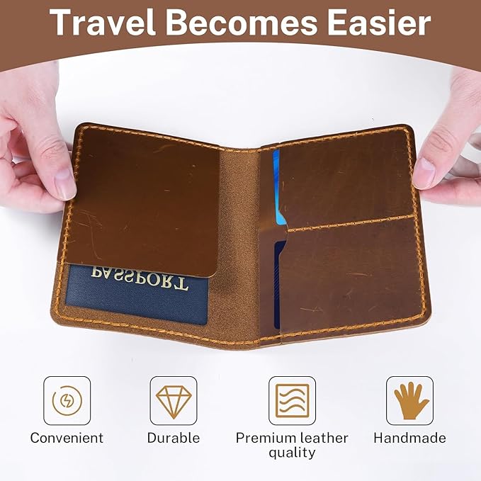 Genuine Leather Passport Holder for Travel,RFID Blocking Passport Cover, Men Passport Wallet, Folding Passport Clip with One Pocket, Two Card Slots, And One Passport Pocket(Bourbon Brown)