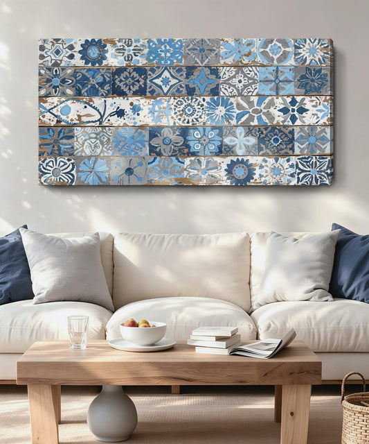 Large Vintage Living Room Wall Art For Living Room, Blue-Grey Floral Geometric Print, Rustic Seaside Artwork For Bedrooms, Offices, Entryways. 48X24 Inches.