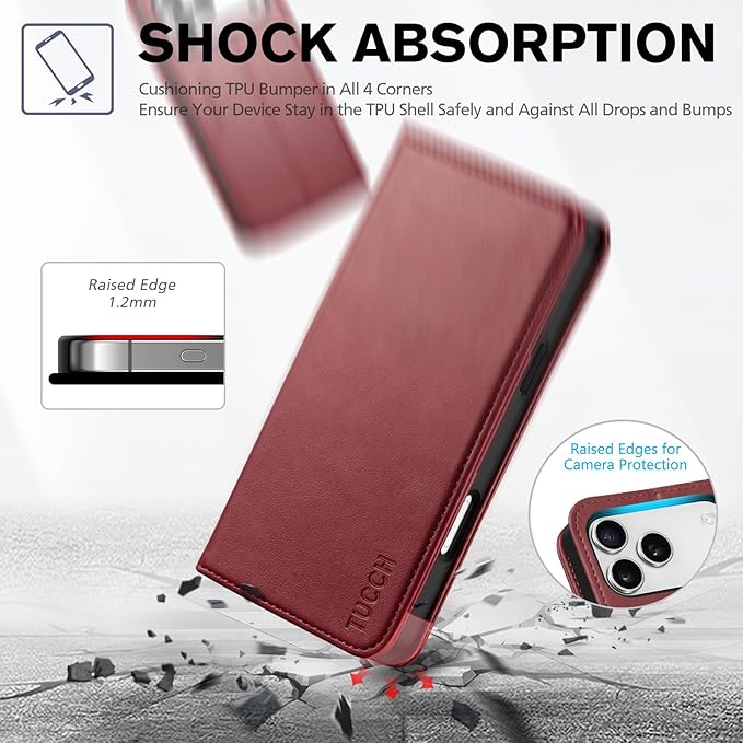 TUCCH Wallet Case for iPhone 17 Pro Max (6.9") 2025, 3 Credit Card Slot | RFID Blocking | Stand | PU Leather | Protective Flip Folio Cover | Shockproof TPU Interior Shell | Deep Red