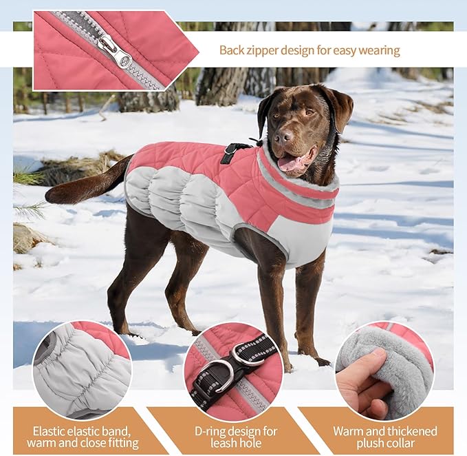 OUOBOB Dog Coats for Small Dogs, Puppy Coat, Warm Winter Jacket, XS Dog Coat with Harness Built in, Waterproof Pet Cold Weather Coats, Puppy Winter Clothes Snowsuit Chihuahua Maltese,Pink,XS