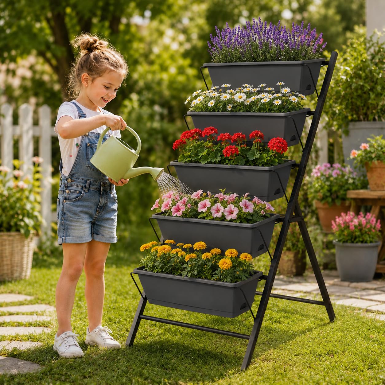Giantex 5 Tier Vertical Planter Set of 2, Raised Garden Bed with Drainage Holes & Removable Trays, Metal Frame Elevated Planter Boxes for Herbs Vegetables Flowers, Indoor Outdoor Patio Balcony