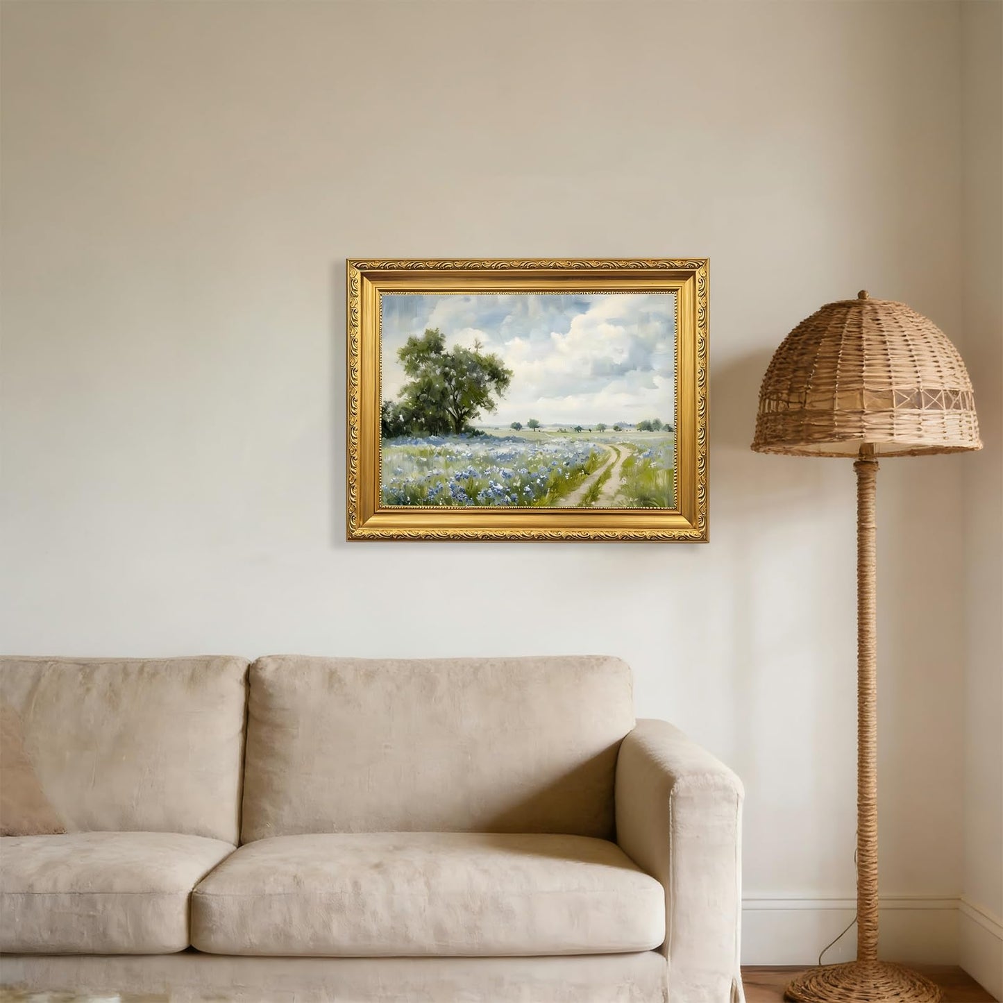 Gold Framed Canvas Wall Art Country Landscape Wildflower Field Wall Decor Paintings Rustic Nature Pictures Prints Home Decor for Living Room Bedroom Bathroom Farmhouse Thoughtful gift 12x16 in