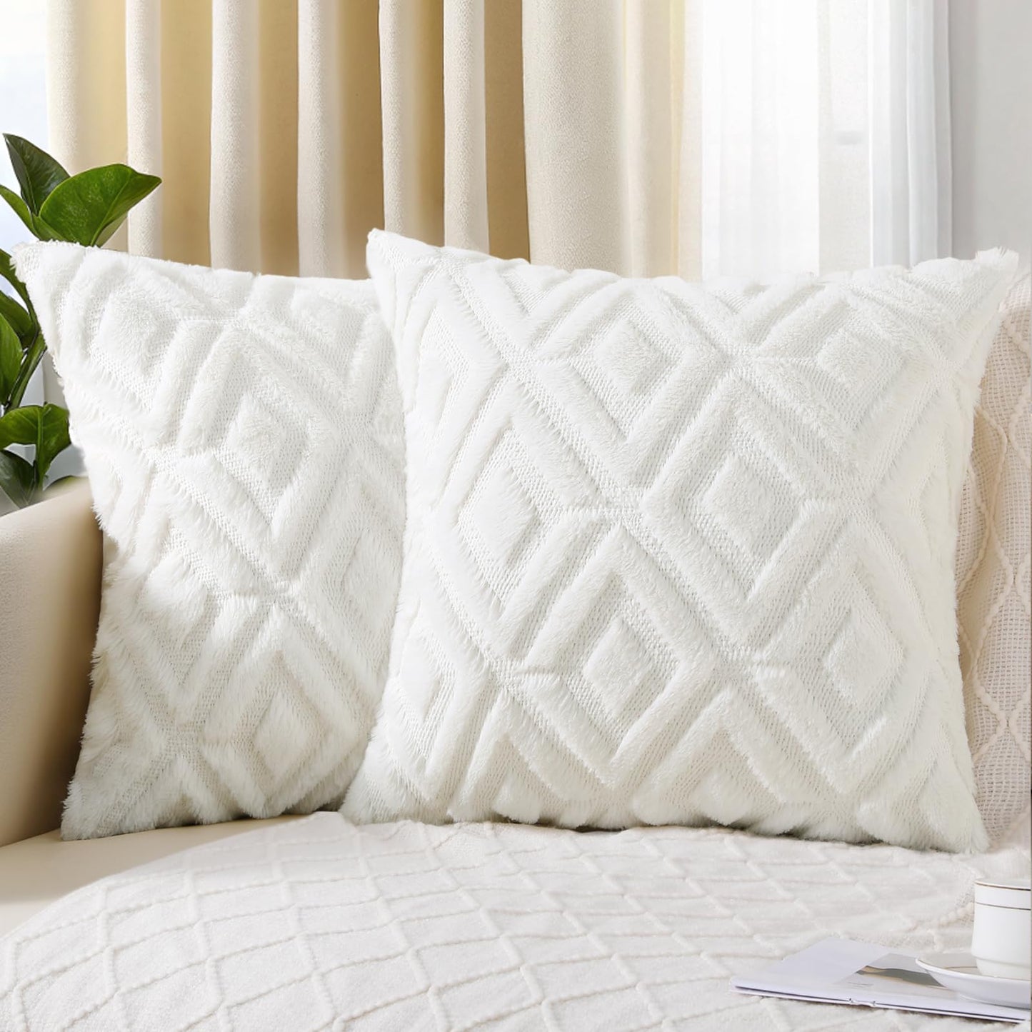 Pallene Summer Cream White Euro Sham Throw Pillow Covers 22x22 Set of 2, Soft Plush Faux Fur Decorative Couch Pillow Covers for Sofa Bed Living Room Pillow Cases with 3D Diamond Pattern