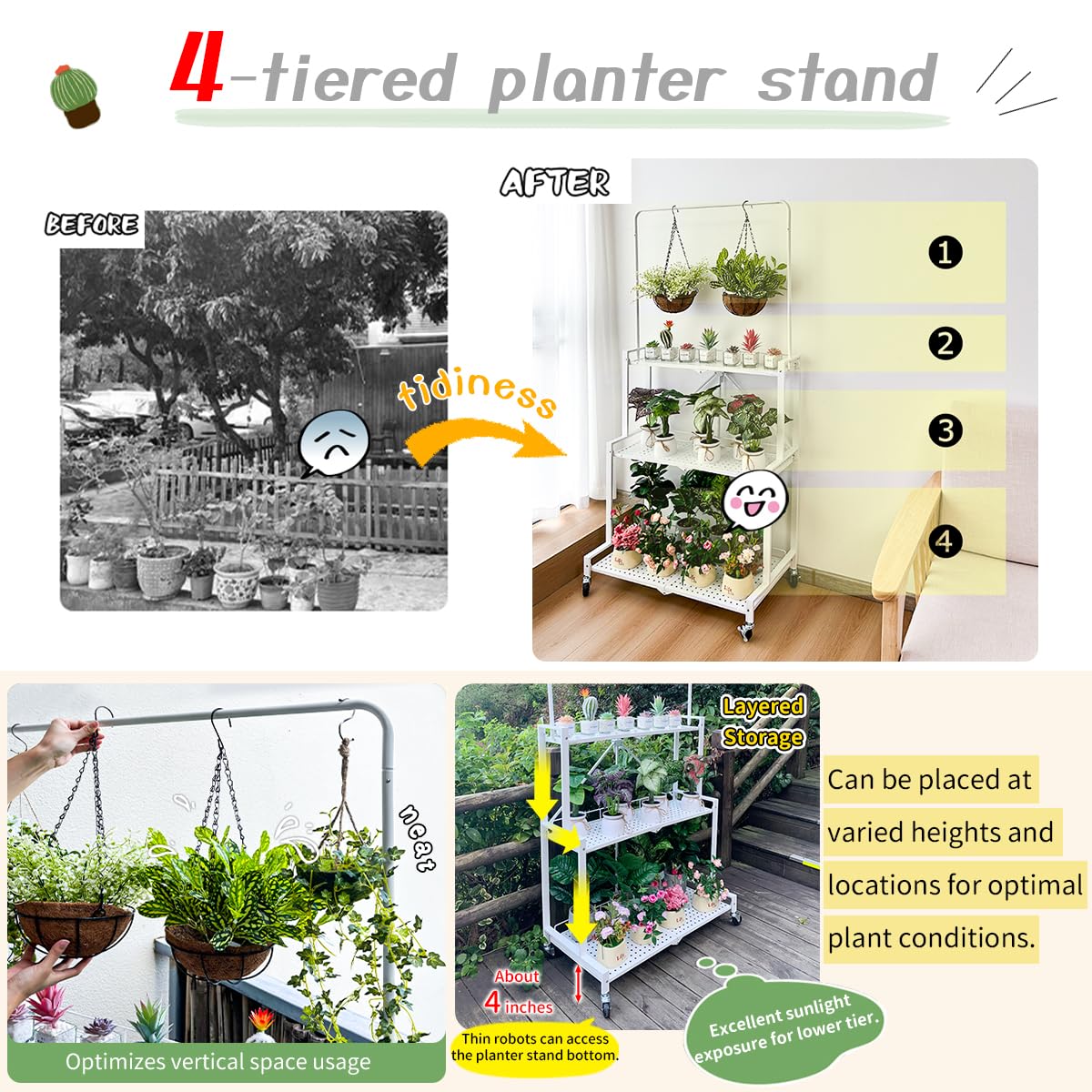 lumizone Foldable 4-Tier Plant Stand With Wheels Indoor Outdoor Black