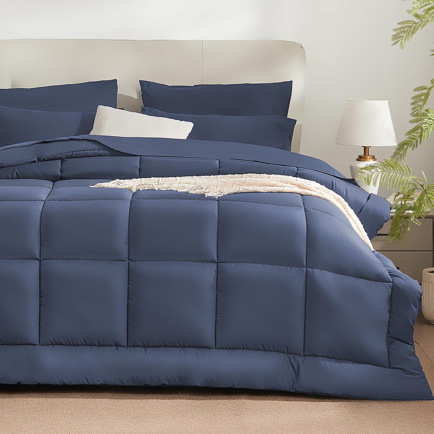 SunStyle Home Grayish Blue Full/Queen Comforter Set - 7 Pieces Bed in a Bag, Lightweight Goose Down Alternative Bedding Sets with All Season Comforter, 1 Flat Sheet, 1 Fitted Sheet, 4 Pillowcases