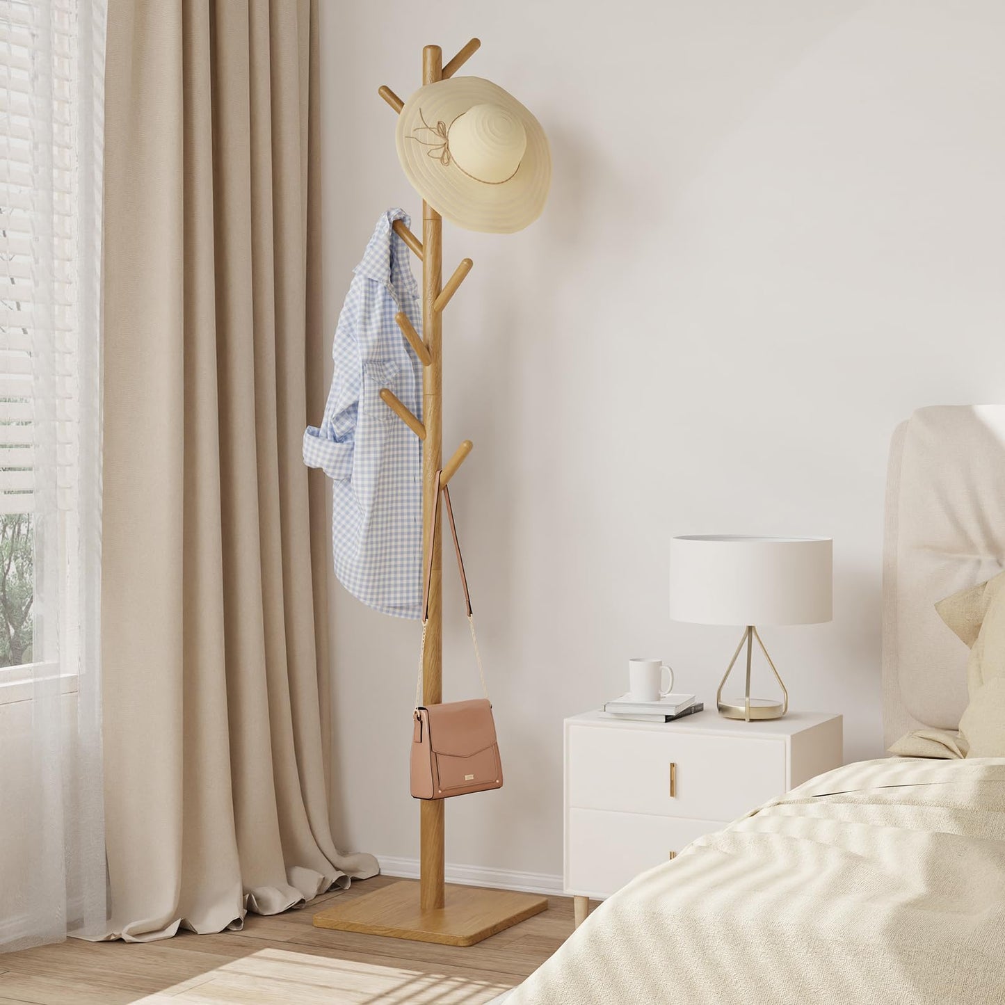 YheenLf Coat Rack Freestanding with Stable Square Base for Cloathes, Hat, Used in Bedroom, Office and Entryway, Sturdy and Easy Assembly Coat Tree with 3 Adjustable Sizes and 8 Hooks, Natural