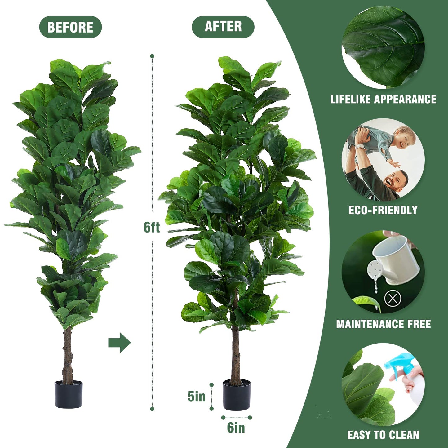 FLOWORLD Fiddle Leaf Fig Tree 6ft Tall Artificial Tree in Pot Fake Ficus Lyrata Plants with 184 Decorative Fiddle Leaves Faux Fig Trees for Home Office Living Room Decor Indoor Outdoor, 2 Pack
