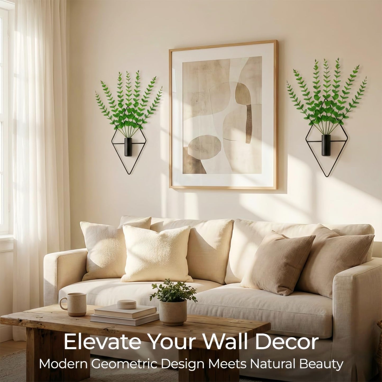 Modern Farmhouse Wall Art Decor - 2-Pack Metal Hanging Vases with Faux Eucalyptus Stems - Boho Wall Planters for Living Room Bathroom Bedroom Kitchen & Office (2, Black)