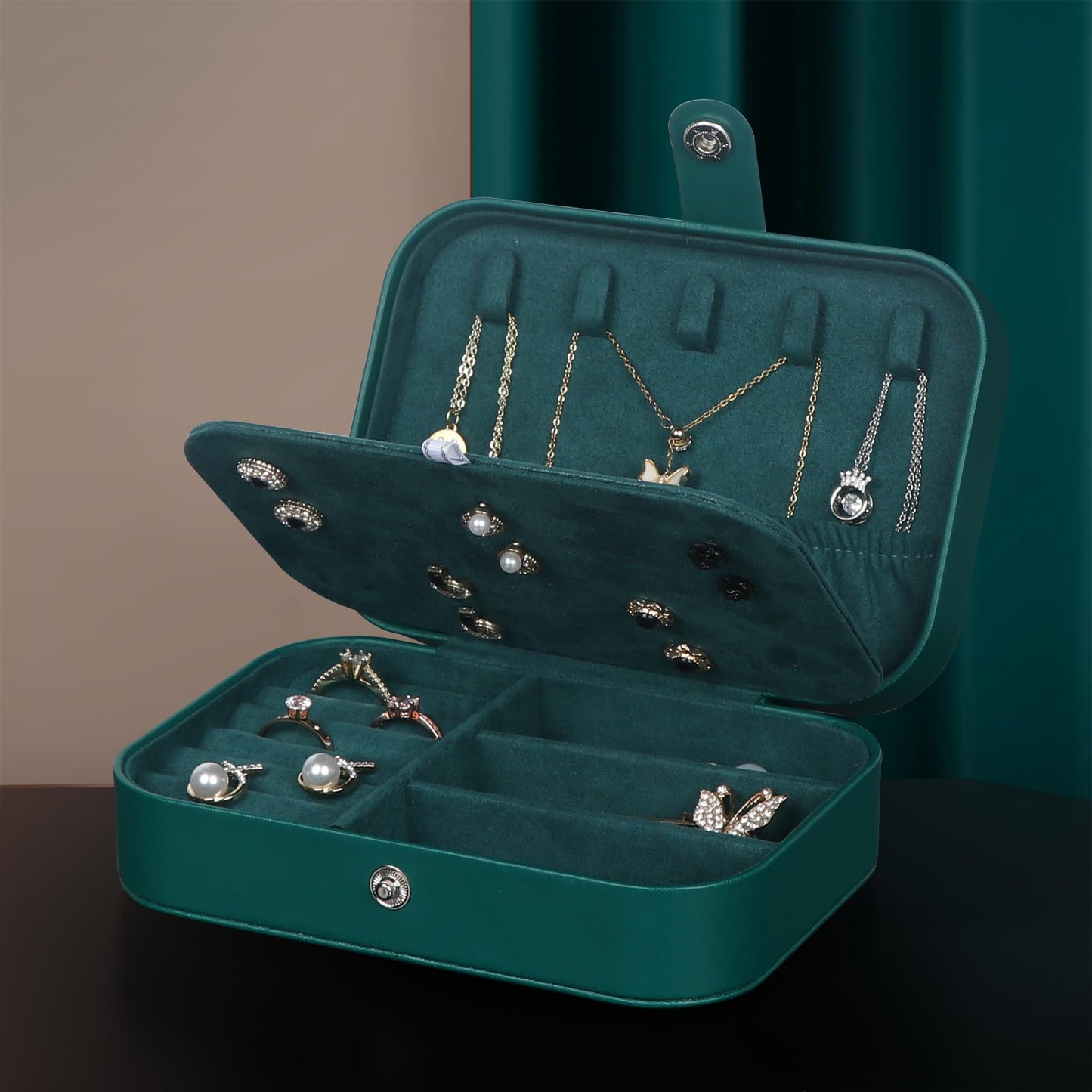 Hatori Travel Jewelry Box, PU Leather Small Jewelry Organizer for Women Girls, Double Layer Portable Mini Travel Case Display Storage Holder Boxes for Stud Earrings, Rings (Ink Green)