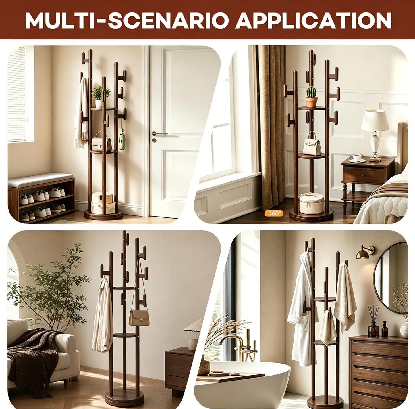 Wamhom Rotary Coat Rack Freestanding - Solid Wood Coat Tree with 9 hooks & 3 Storage Shelves for Purse, Bag, Jacket, Hat, Corner Hanger Stand Racks for Hall, Entryway, Office, Modern Clothes Holder