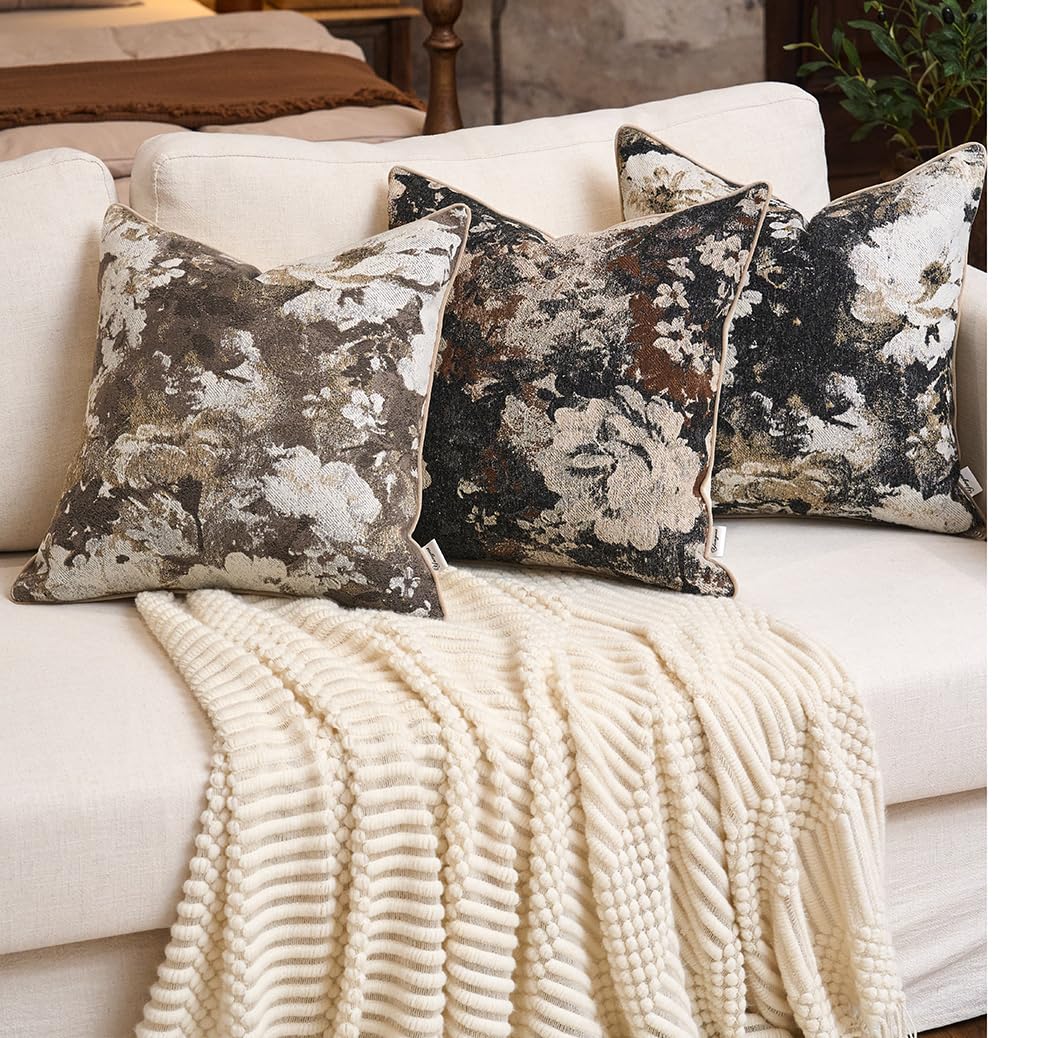 Yangest Neutral Flower Pillow Cover 20 x 20 Inches, Nature Chenille Square Throw Pillow Cover Soft Luxury Accent Couch Pillow Cover for Living Room Bedroom, Beige