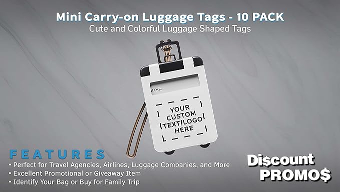 10 Mini Carry-on Luggage Tags Pack - Customizable Text, Logo - Flip Open Cover, ID Sticker - White