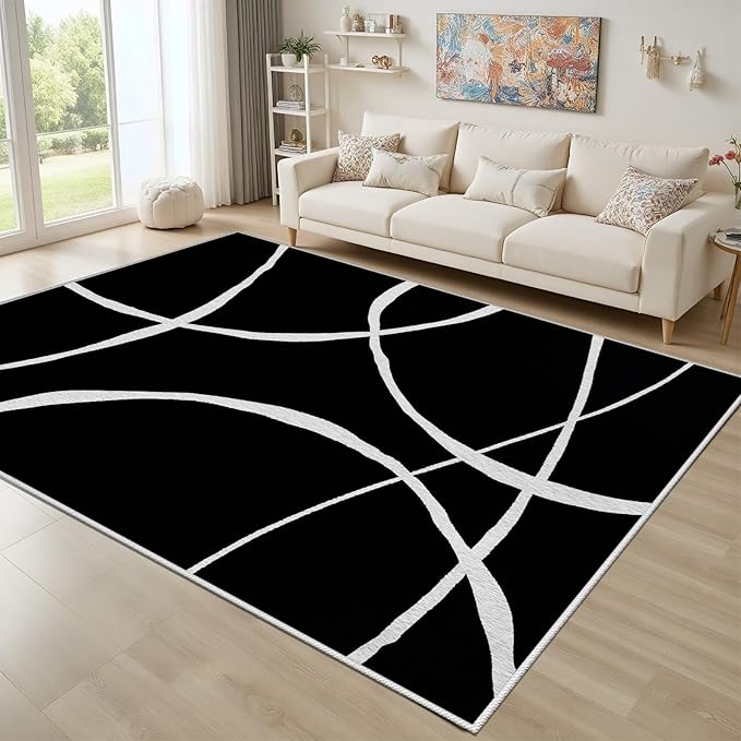 Black and White Rugs - Area Rugs 8x10, Abstract Rug, Modern Minimalist Rug, Curved Line Design Carpet, Black and White Abstract Carpet for Living Room Washable Non Slip Home Decor 8x10