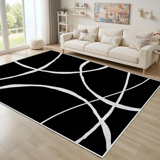 Black and White Rugs, Abstract Rug, Modern Minimalist Rug, Curved Line Design Carpet, Black and White Abstract Rugs Washable Non Slip Home Decor 7x10