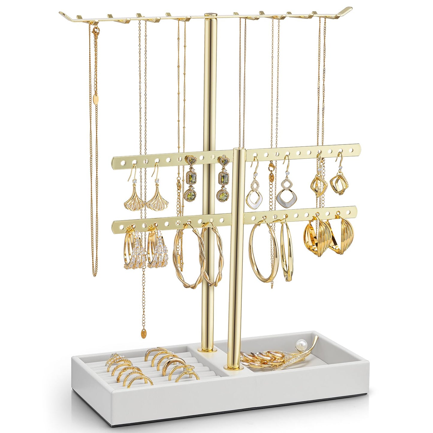 VLANDO 2 Tier Jewelry Stand Organizer with Tary, Leather Jewelry Holder Display for Women, Gold Jewlery Holder Stand for Necklace, Earring, Bracelet, Rings - White