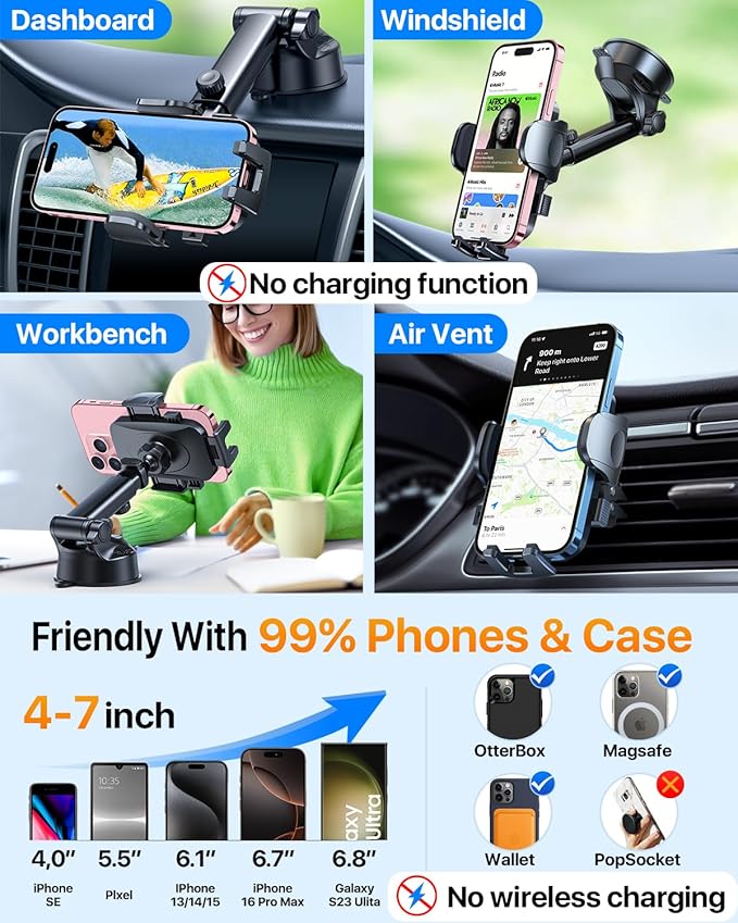 HTU 𝟐𝟎𝟐𝟔 𝐔𝐩𝐠𝐫𝐚𝐝𝐞𝐝【True Military-Grade】 Car Phone Holder【Safety Certs & No Smell】 Cell Phone Holder for Car Mount for Dashboard Windshield Air Vent Long Arm Thick Case,Red