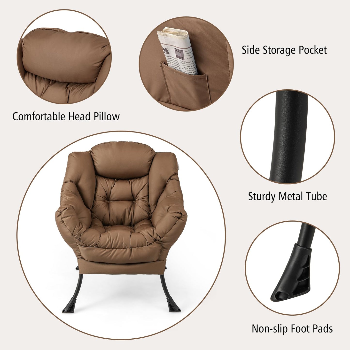 Giantex Lazy Chair with Ottoman, Accent Sofa Chair with Folding Footrest, Side Storage Pocket, Upholstered Leisure Lounge Armchair with Stool for Bedroom, Living Room, Office, Brown