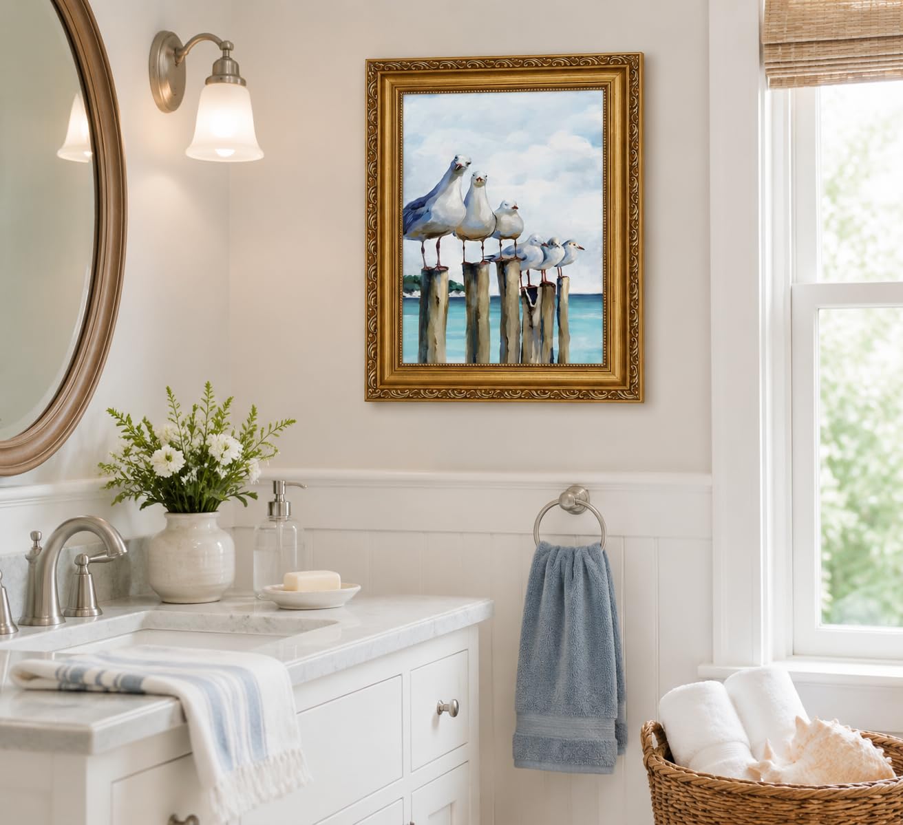 Gold Framed Seagull Canvas Wall Art Coastal Sea Birds Paintings Pictures Wall Decor Teal Ocean Beach posters prints Artwork for Living Room Bedroom Bathroom Home Decoration 9x11in