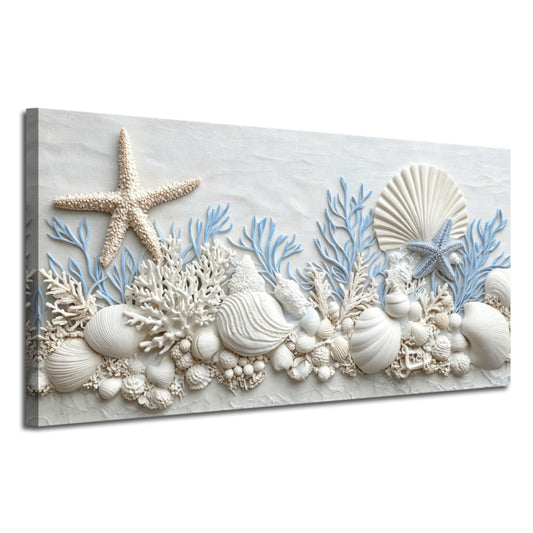Xcfstszgz Coastal Seashell Canvas Wall Art Blue Bathroom Decor Starfish Coral Pictures Nautical Beach Painting Print for Living Room Bedroom Decor Framed (White, 8" L x 16" W)