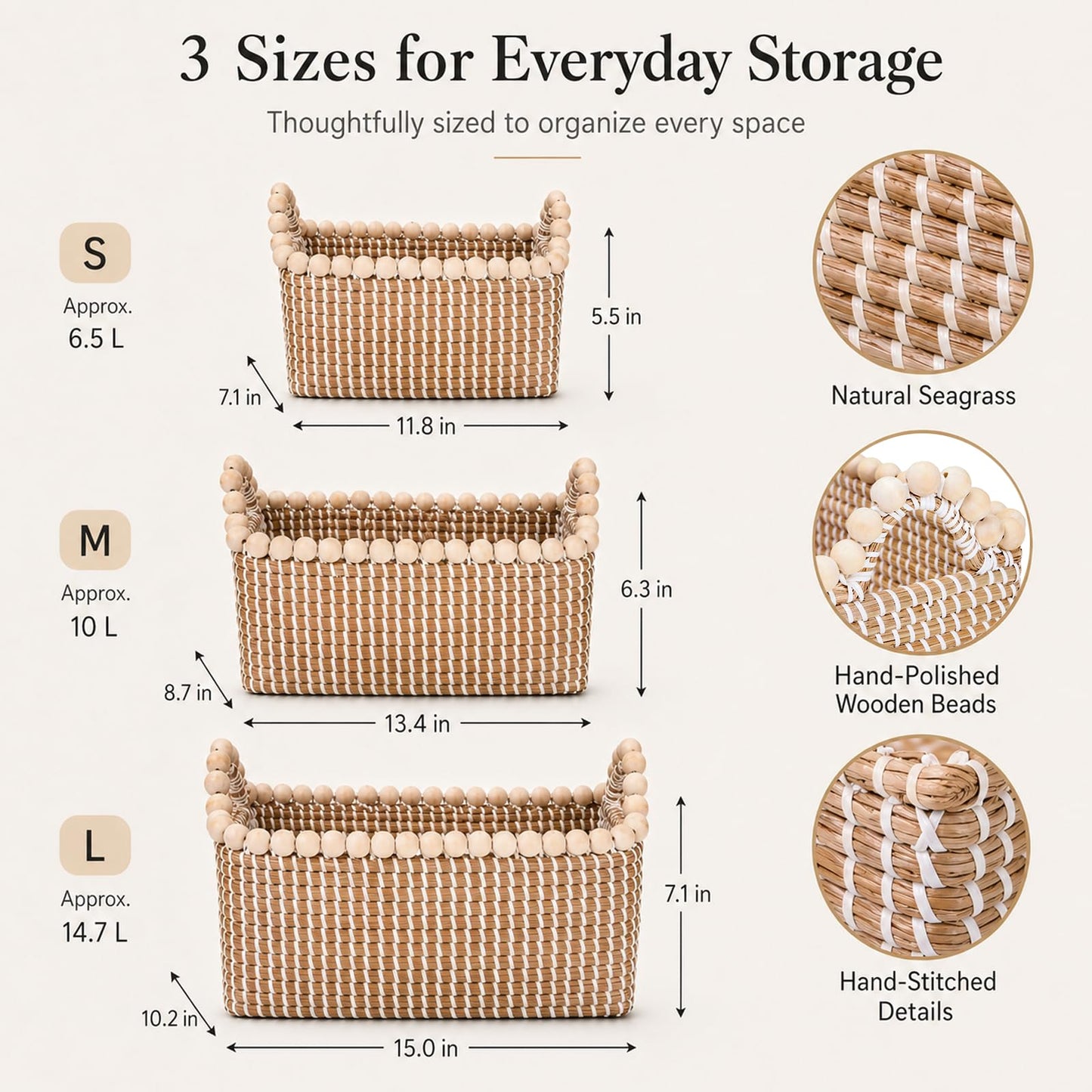 Handwoven Seagrass Shelf Baskets, Set of 3 Decorative Storage Bins with Bead-Accented Handles, Vietnamese Woven Baskets for Entryway, Bathroom, Bedroom, and Living Room