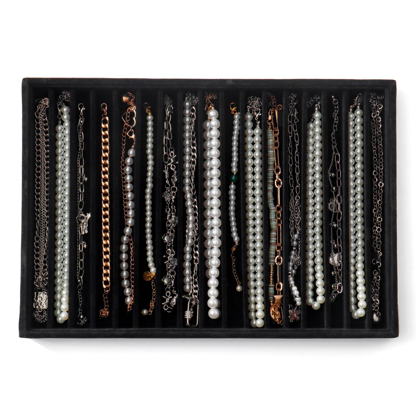 KATISYIO Large Jewelry Organizer for Drawer Insert Velvet Stackable Jewelry Trays for Earring Necklace Bracelet Ring Display (Black, 16 Grids)