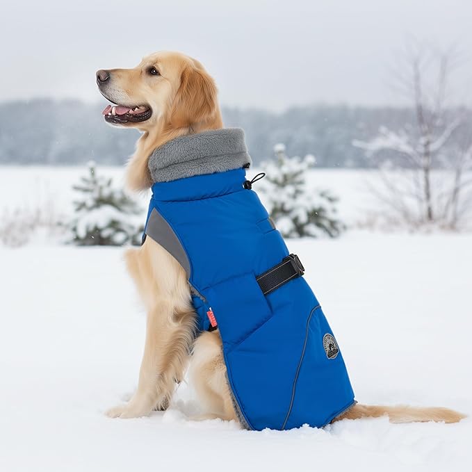 KYEESE Waterproof Dog Coat, Windproof Pet Jacket with Thick Fleece Lining, Extra Warm High Collar Dog Coats for Medium to Large Dogs with Leash Hole and Reflective Strips, Blue, XX-Large