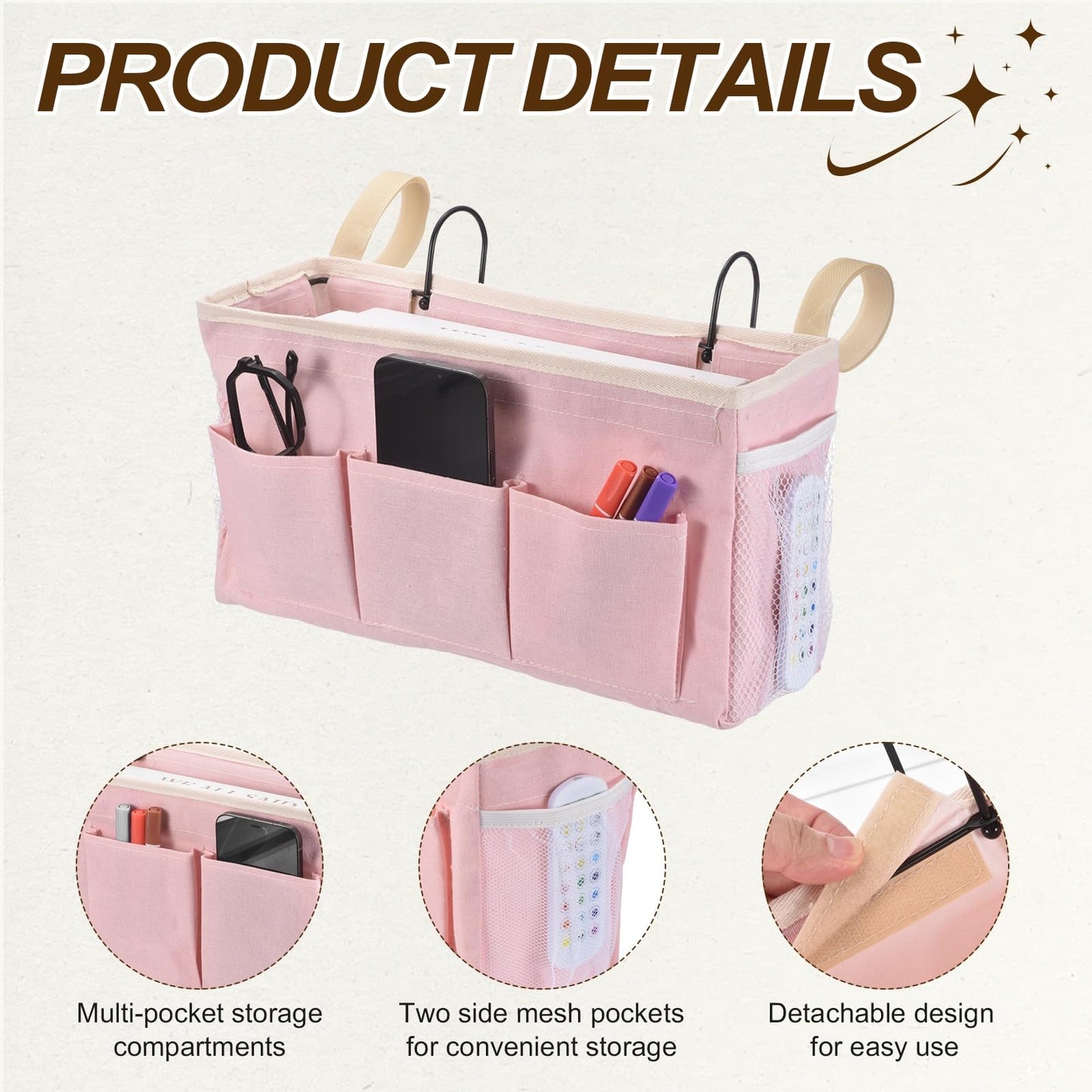 uxcell 2Pcs Bedside Caddy, 3 Pockets Bedside Storage Organizer with Strap and Hooks, Hanging Storage Bag with Water Cup Holders for Home Bunk Bed Dorm, Gray