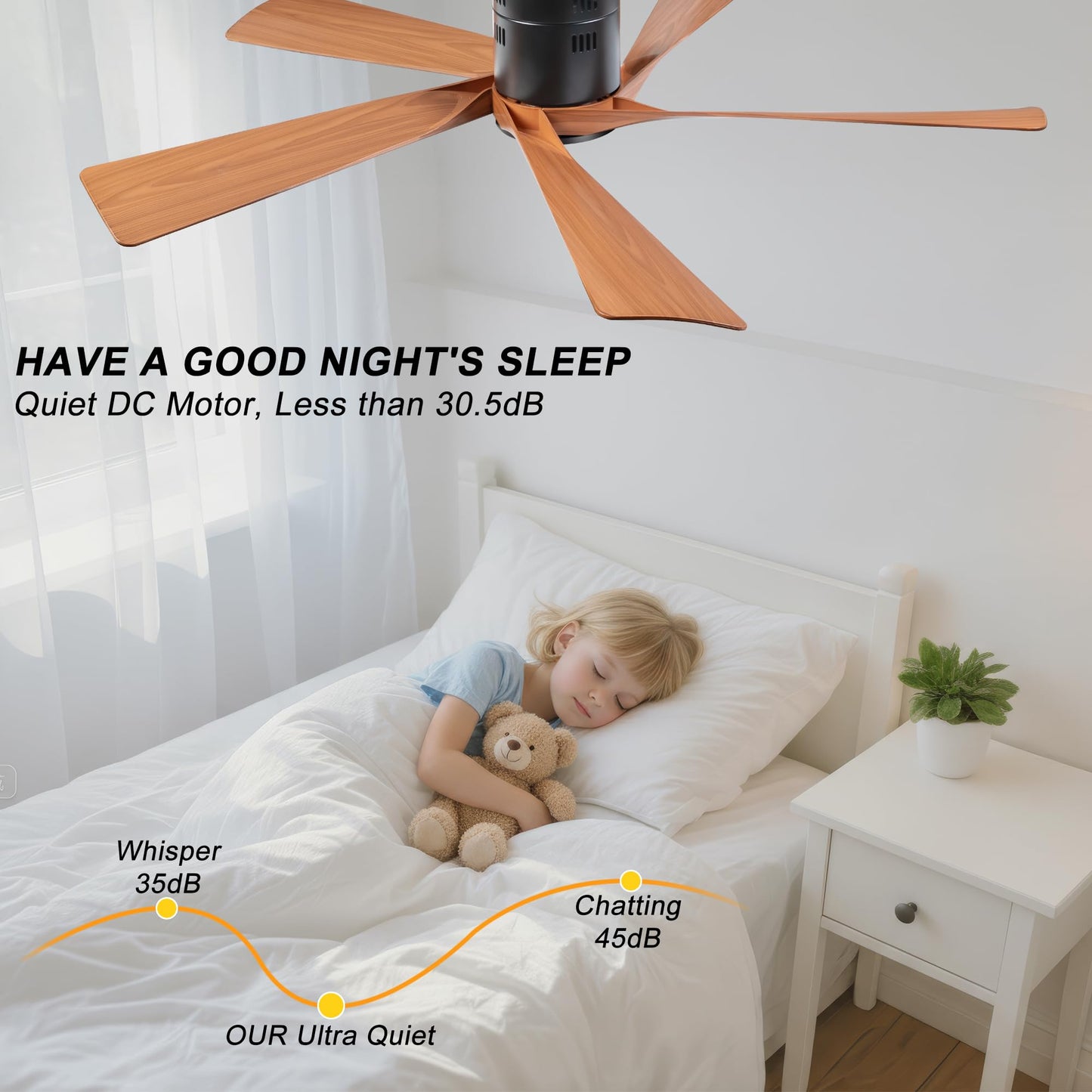 Ohniyou 52” Flush Mount Farmhouse Ceiling Fan with Lights, Remote & APP Control Low Profile Indoor Outdoor Ceiling Fans, Dimmable, Quiet DC Motor, Reversible, Black+Wood Color