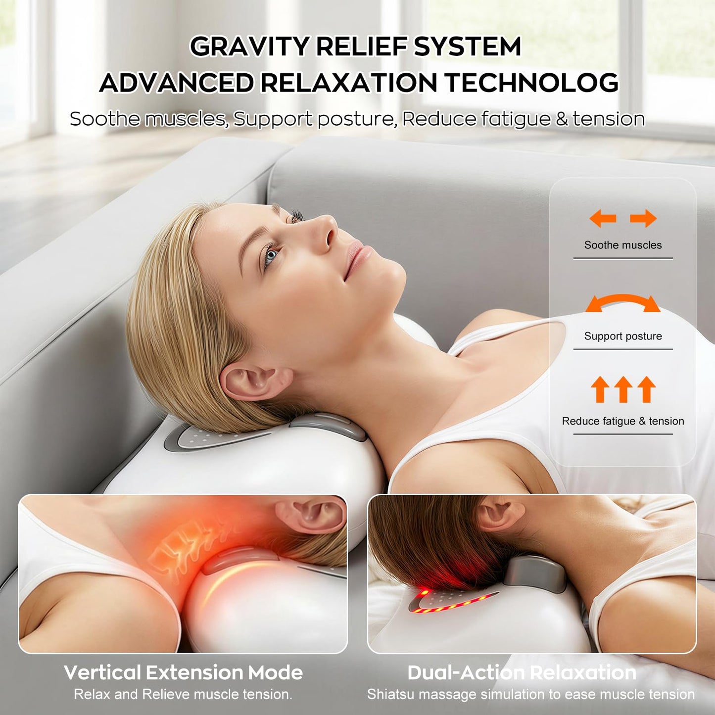 HUADUO-BEAUTY 3-in-1 Shiatsu Neck & Back Massager with Heat, Vibration & Airbag Traction, Portable Cordless Electric Massage Pillow Ergonomic Design for Deep Tissue Pain Relief Muscle Relax