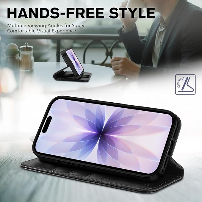 TUCCH Case Wallet for iPhone 17 (6.3") 2025, RFID Blocking, 3 Card Holders, Kickstand, PU Leather, Protective Flip Folio Cover, TPU Shockproof Interior Shell, Textured Black