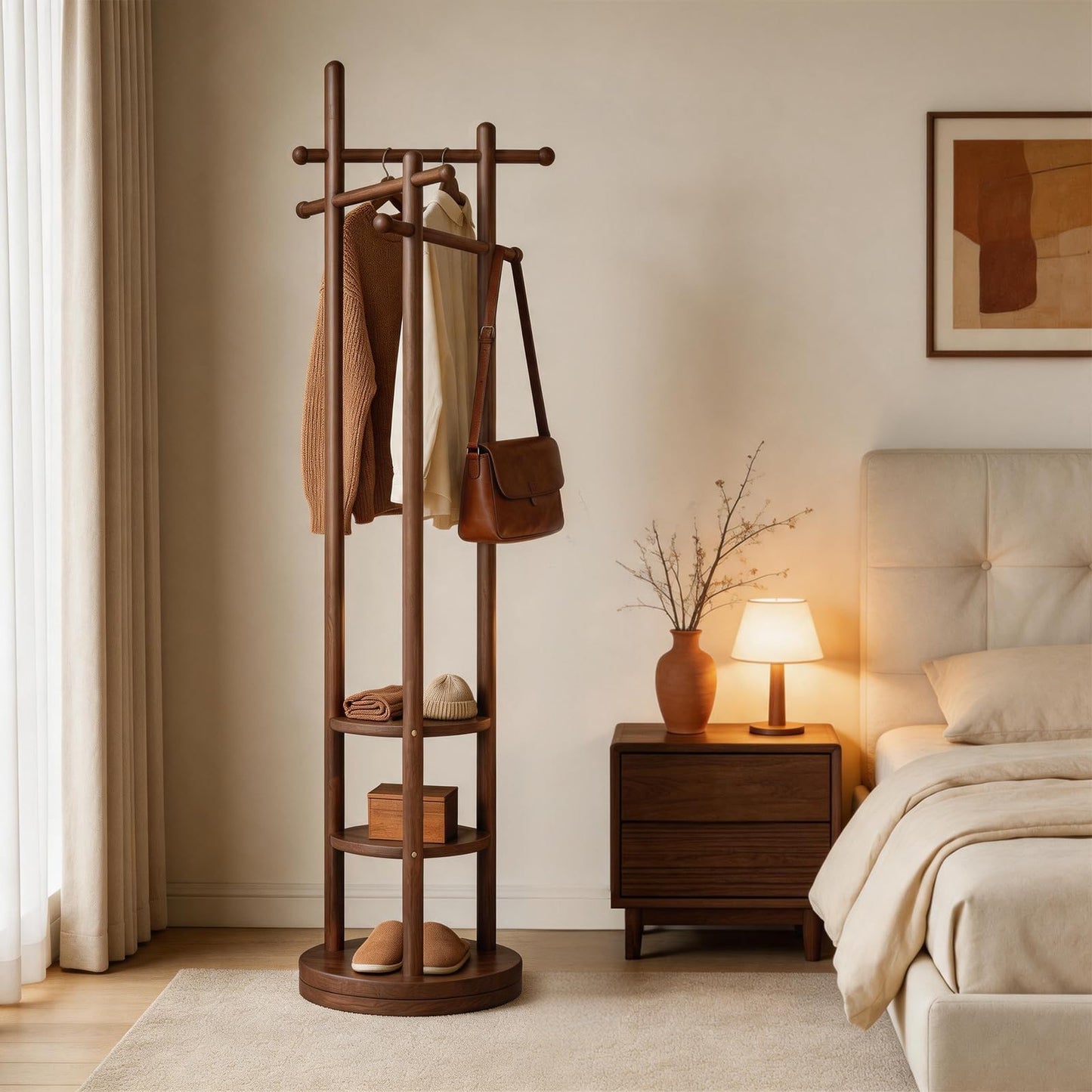 Vcalnil Coat Rack Freestanding, Solid Wood Coat Tree with 6 Hooks and 3 Storage Shelves for Bedroom, Entryway Living Room, Office, Corner Hanger Stand for Purse, Bag, Jacket, Hat