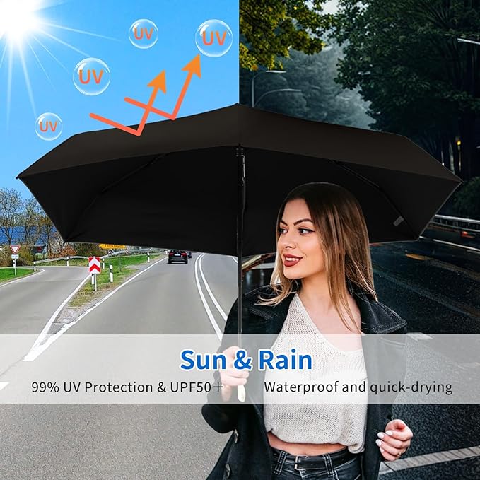 Compact Mini Windproof Travel Umbrella-UPF 50+ Sun & Rain Protection, Small Folding Design Fits in Pocket or Purse, Lightweight Portable with Case for Women, Men & Kids