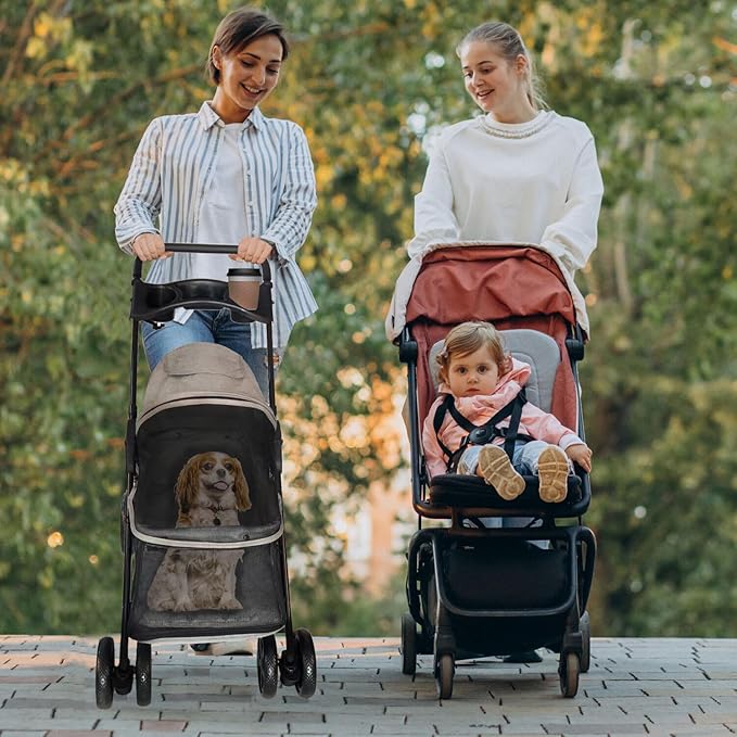 Critter Sitters Grey Foldable Pet Stroller for Small Dogs/Cats with Breathable Scratch Resistant Mesh Windows, Cup Holders, Storage Pockets, Lockable Wheels, Safety Leash, Animal Stroller