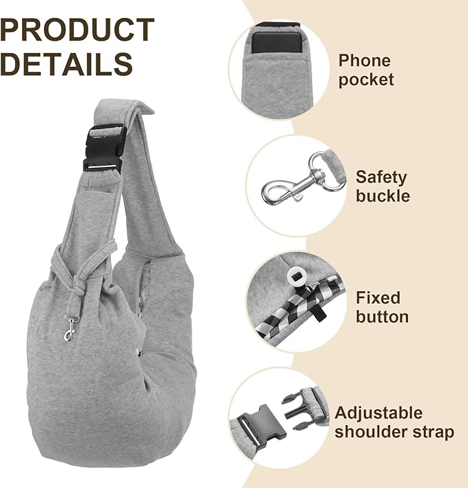 PETAXCELL Dog Sling Carrier for Small Dogs and Cats Up to 16.5 Lbs, Adjustable Buckle with Pocket Pet Sling Carrier Safety Harness, (Gray, 1 Pcs) Intended for Outdoor/Camp/Travel