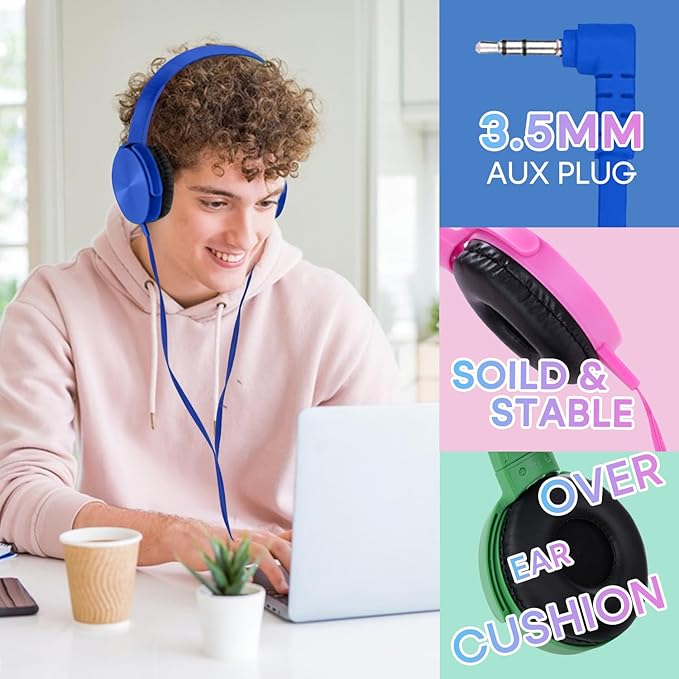 Classroom Headphones Bulk 10 Pack Multi Color for Kids School Students, Wholesale Class Set Durable Earphones for Children Toddler Teens Boys Girls Adult Chromebooks Laptop Computer(LS450, 10 Mixed)