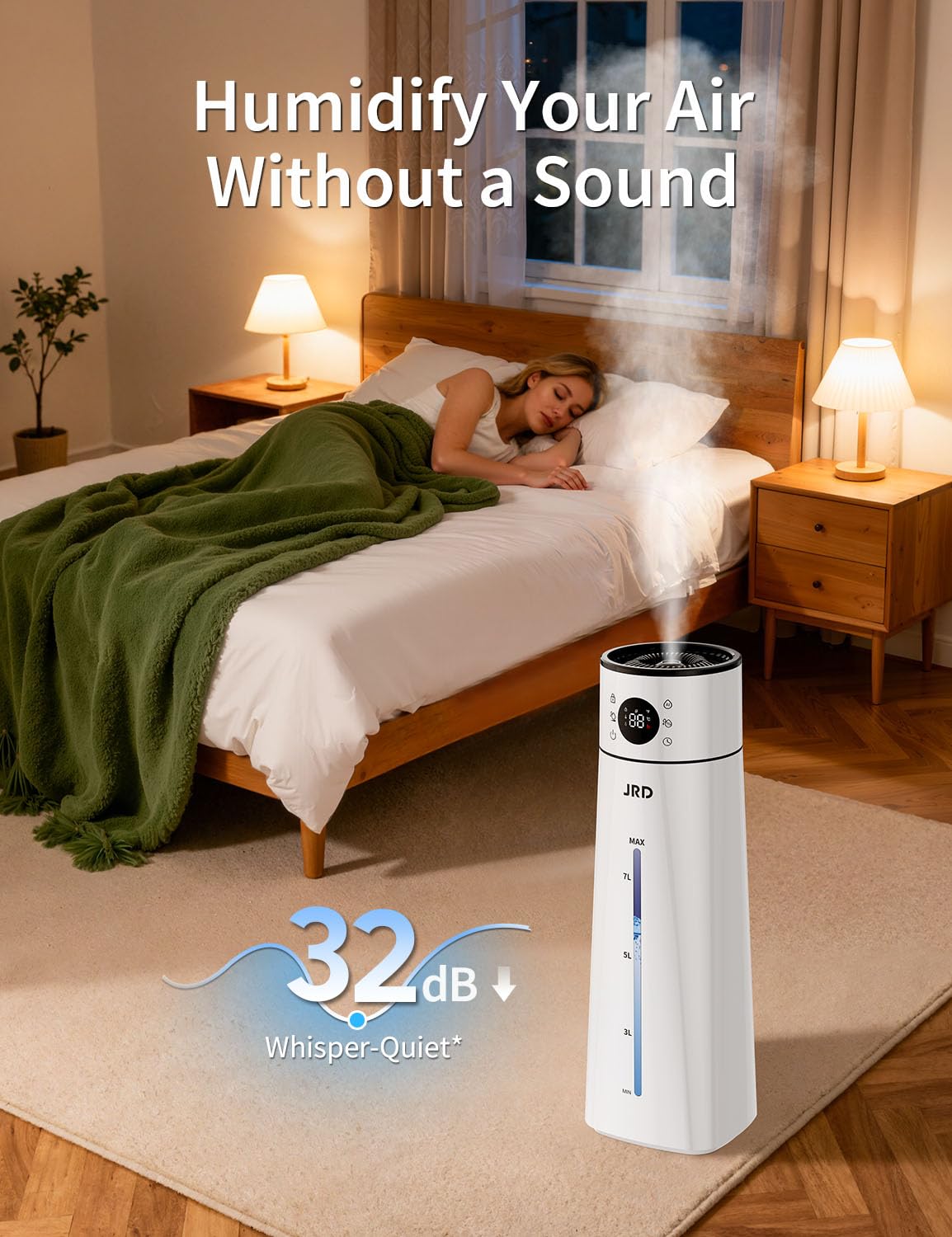 JRD Humidifier Large Room 8L/ 2.1Gal, Ultrasonic Cool Mist for Bedroom, Quiet Humidifier with Remote Control, 10 Mist Modes, 24H Timer, Night Light, AI Mode, 40H Run for Home Office Baby Pets Plants