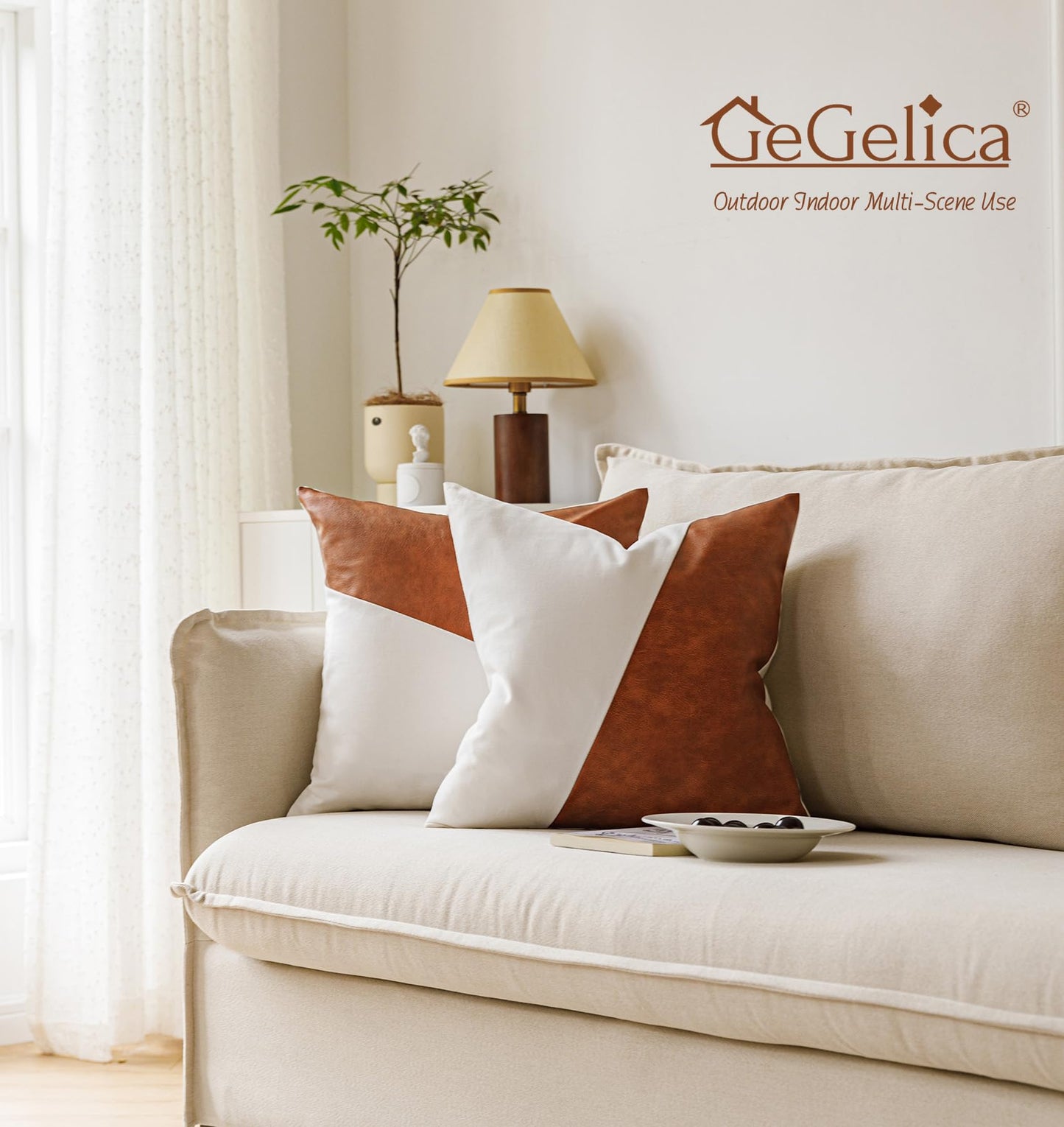 GEGELICA Faux Leather Patchwork White Linen Throw Pillow Covers Modern Minimalist Farmhouse Solid Boho Decorative Pillow Covers for Couch Living Room Bedroom Set of 2 18X18 Inch Brown and Cognac