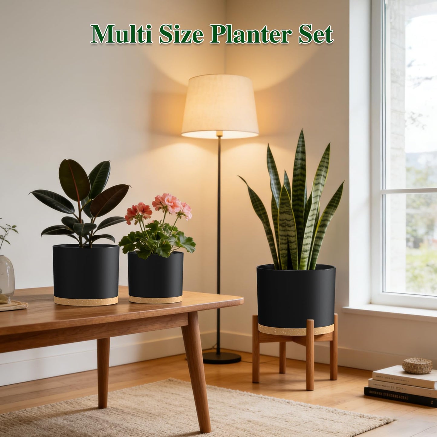 KUGAZ Plant Pots, 10/9/8 Inch 3 Pack Cylindrical Flower Pots with Drainage Holes and Saucers, Plastic Planters for Outdoor Indoor Plants,Black Brown