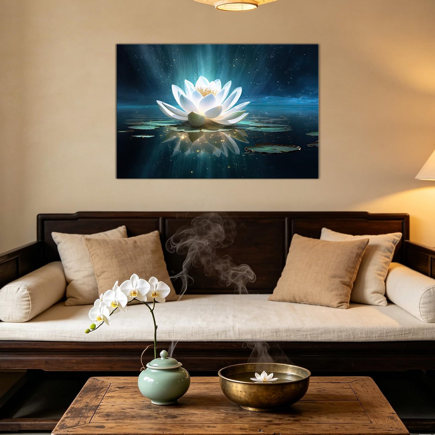 Zen Canvas Wall Art Glowing White Lotus Flower Picture Print Calming Spiritual Botanical Paintings for Living Room Bedroom Bathroom Decor(Artwork-5,12"x18")