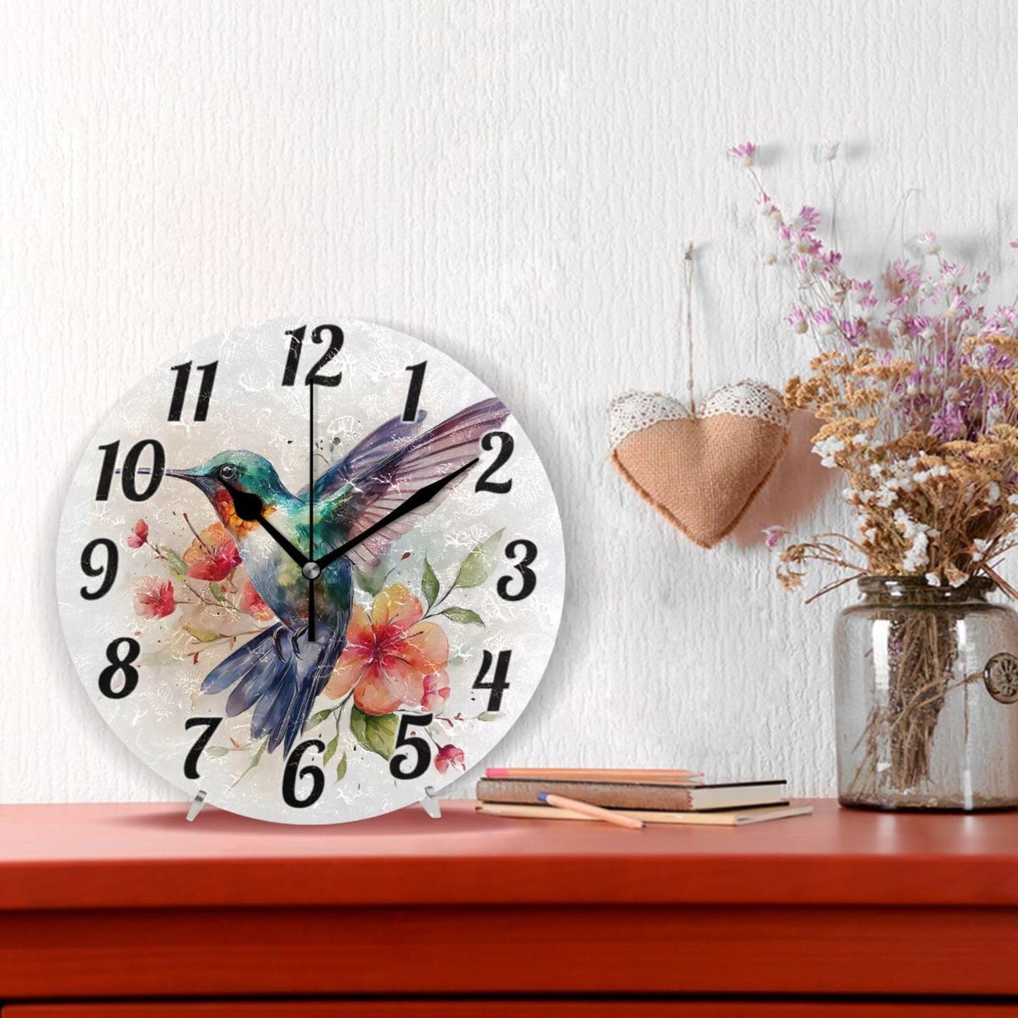 ALAZA Hummingbird Floral Wall Clock Battery Operated Clock Silent 9.5 Inch Non Ticking Wall Clocks for Bedroom Living Room Decorative