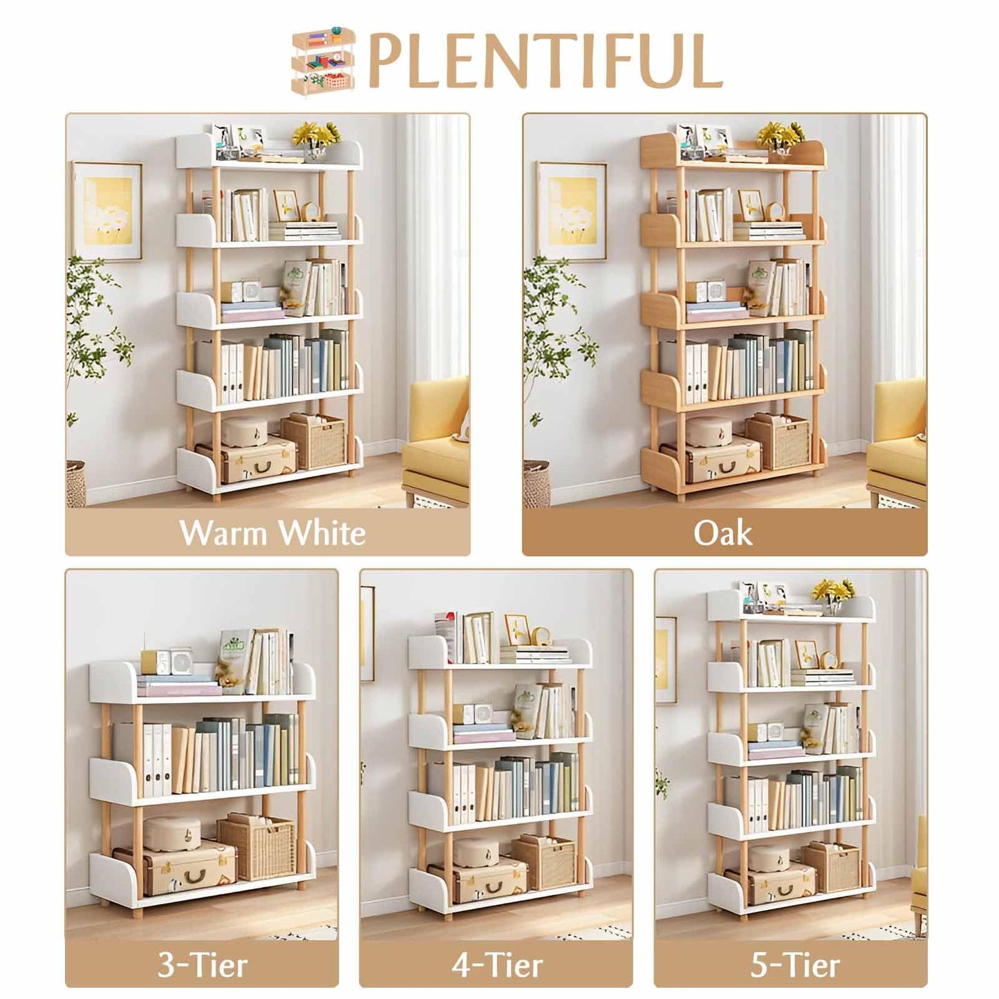OSCHF 3-Tier Wooden Open Bookcase - Modern Display Bookshelf with Top Edge and Solid Wood Frame for Home and Office, Storage Cabinet, Warm White