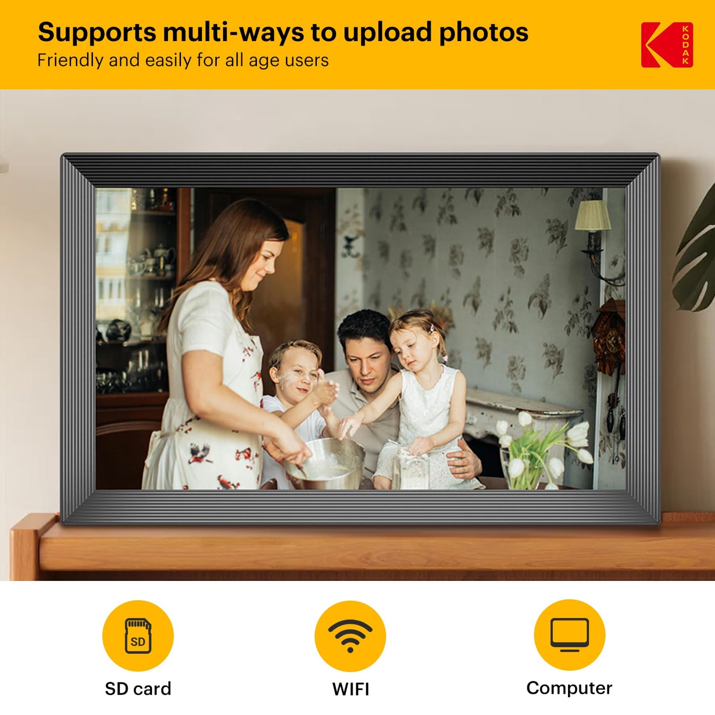 KODAK 15.6 Inch Large WiFi Digital Picture Frame, 1920x1080 FHD Touch Screen Electronic Photo Frame with AI Photo Art, 32GB Storage, 6 Ways Sharing Photos & Videos, for Mom Family