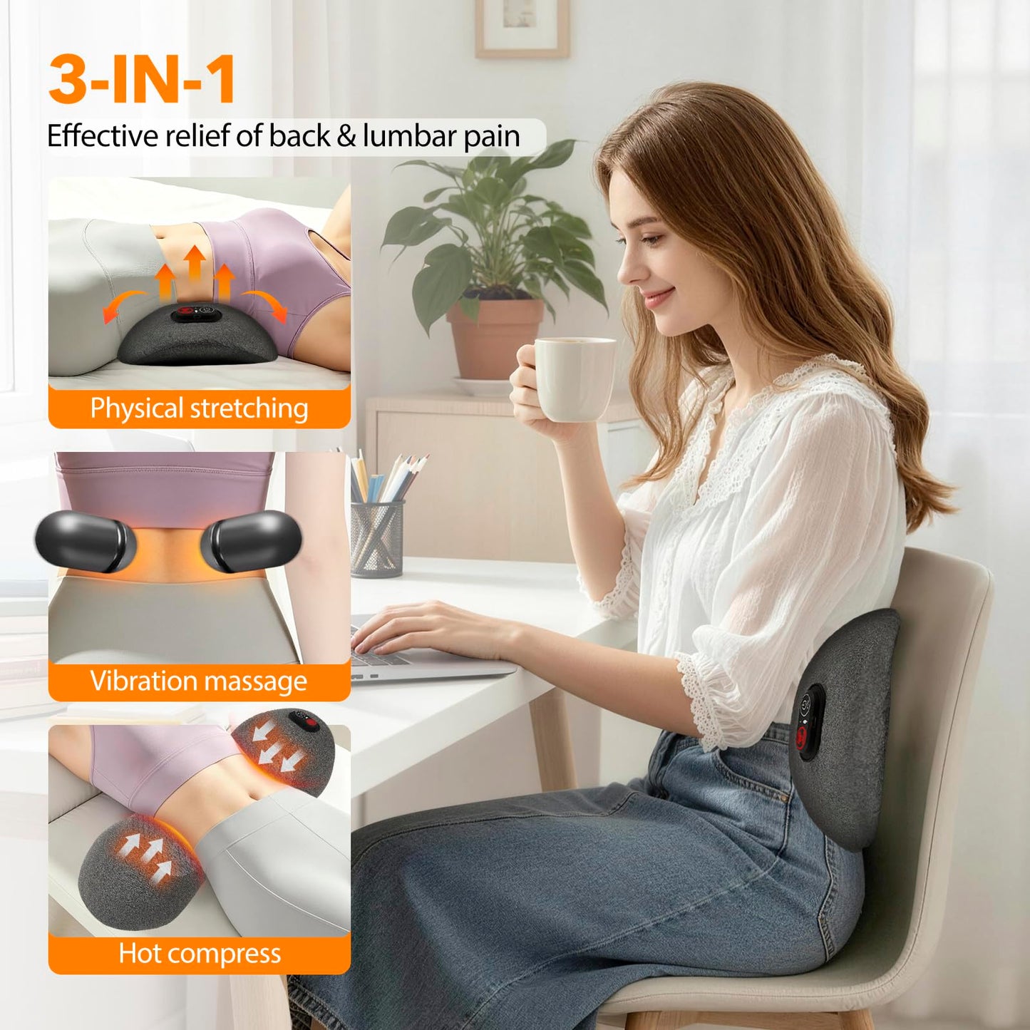 GIFEY Smooth Triple Fusion Back Massager with Heat - Sciatica Pain Relief & Spine Decompression Device, Deep Tissue Massager for Lower Back Pain, Office Chair and Home Use for Chronic Pain Solution
